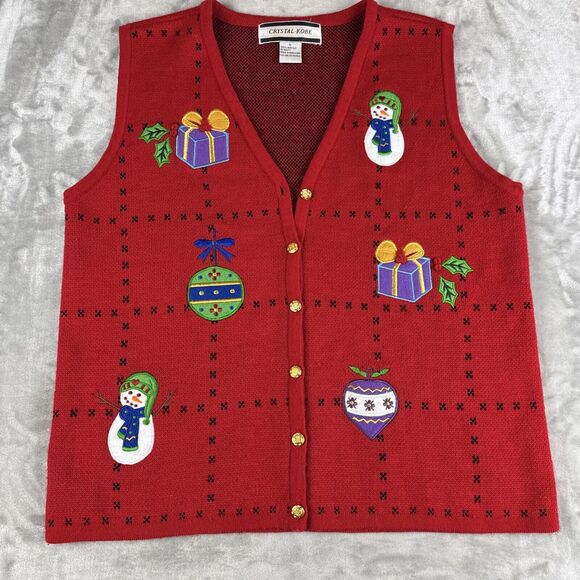 Crystal Kobe Christmas Vest Women's Large Red Gold Snowman Presents Ugly‎ (1064) - Picture 1 of 10